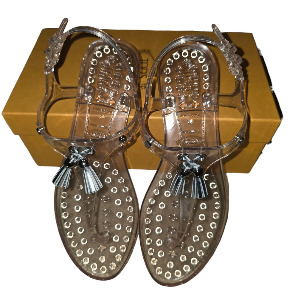 NIB Tod's Jelly Nickel Sandals w/Tassel Accents - Size 38. Made In Italy